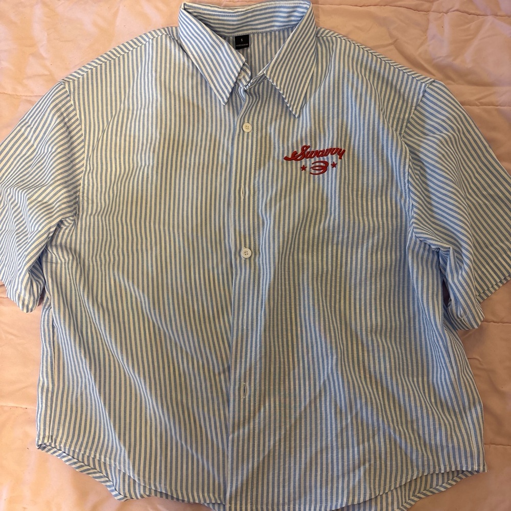 Blue & White Striped Men’s Button-Up Shirt with Red Embroidery